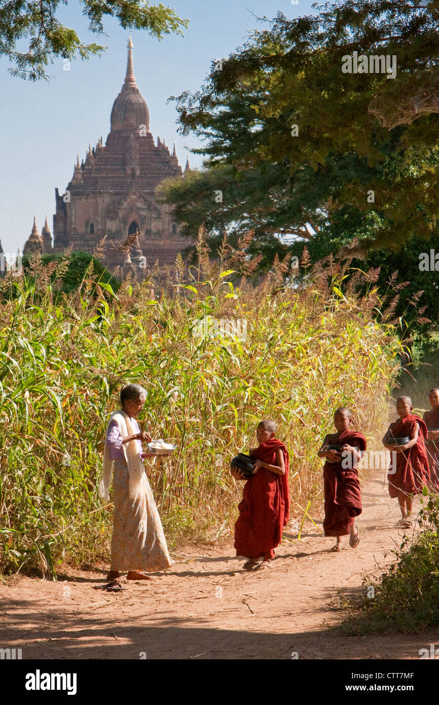 Le Myanmar, Birmanie. Bagan. Femme donnant à de jeunes moines novices. Banque D'Images