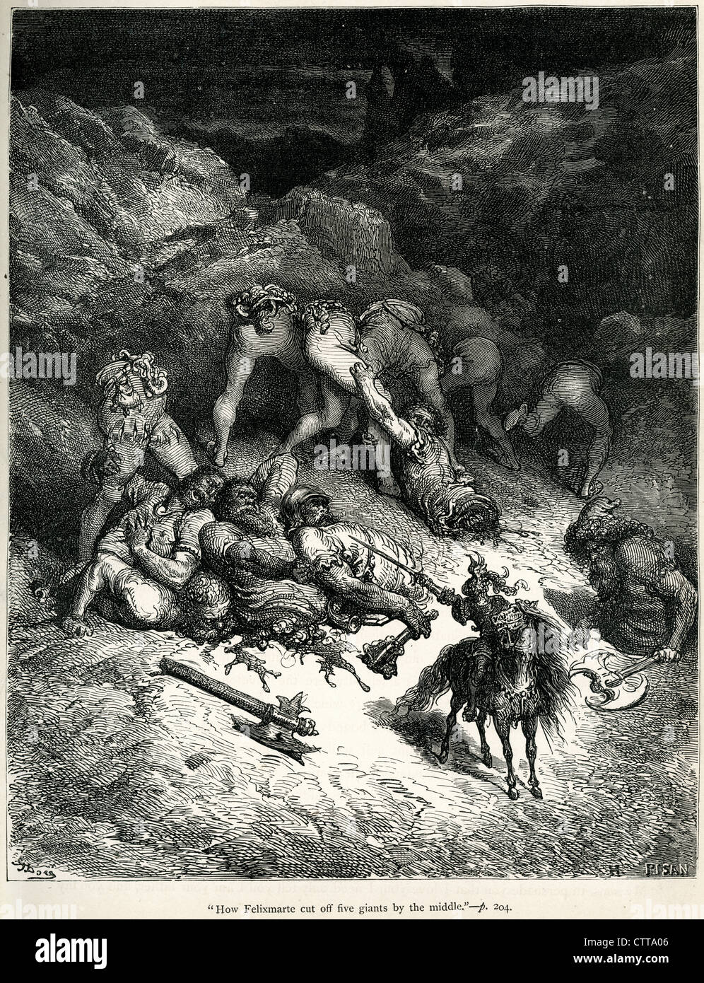 Felixmarte comment couper des cinq géants au milieu. Illustration par Gustave Dore de Don Quichotte. Banque D'Images