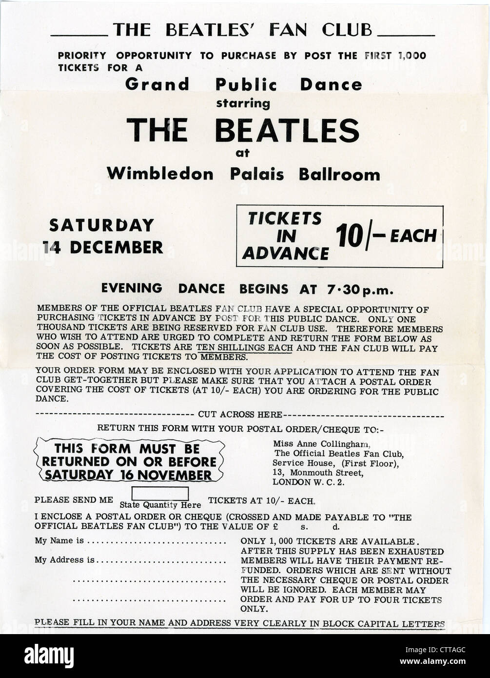 000922 - Les Beatles fan club officiel Lettre de 1964 Banque D'Images