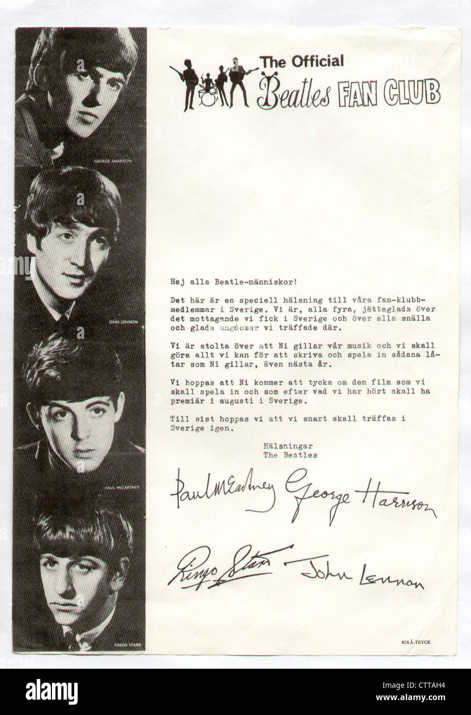 000941 - Les Beatles 1964 Fan Club officiel suédois Newsletter Banque D'Images