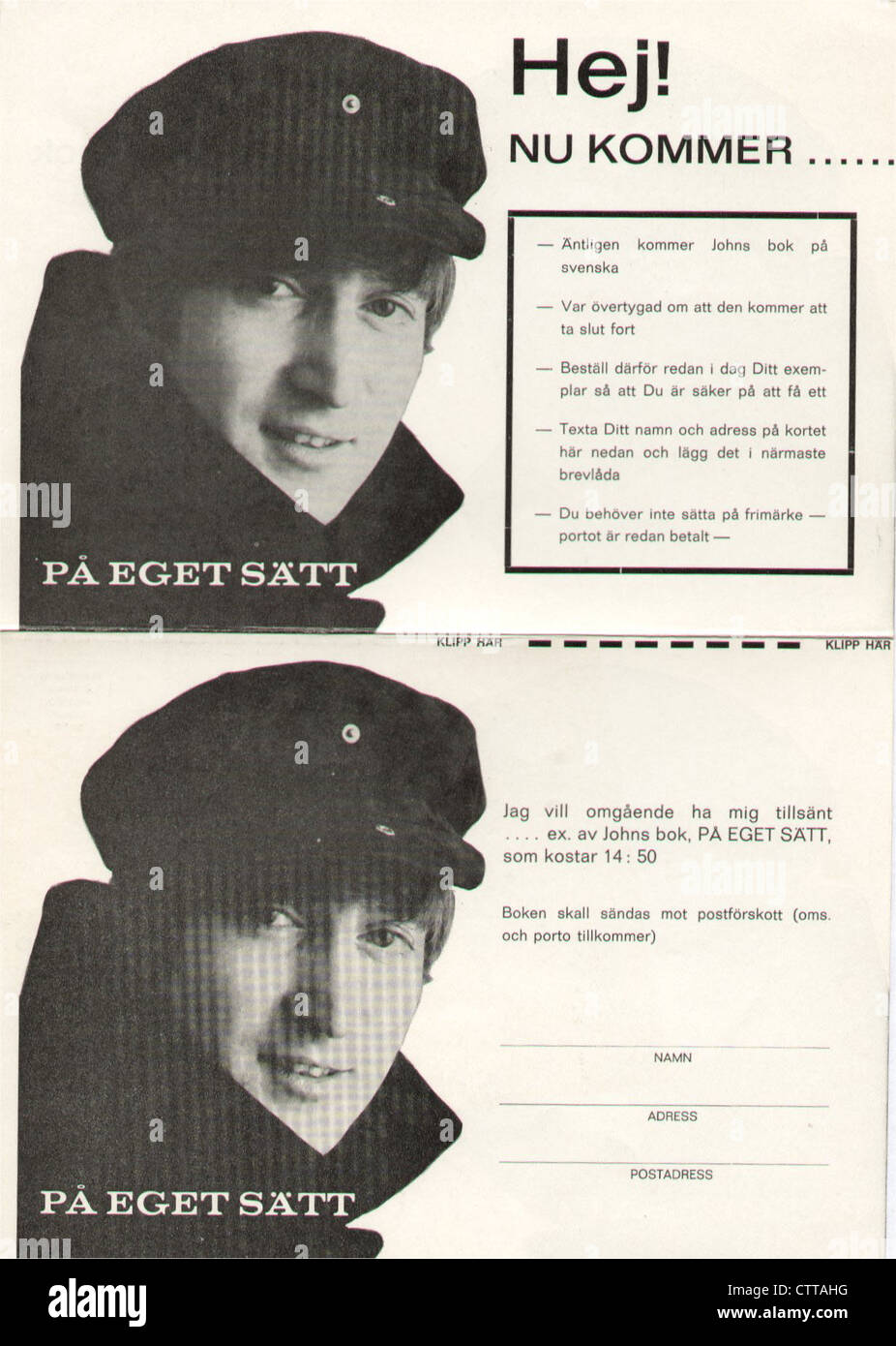 000948 - John Lennon dans sa propre carte promotionnelle suédoise 1964 Écrire Banque D'Images