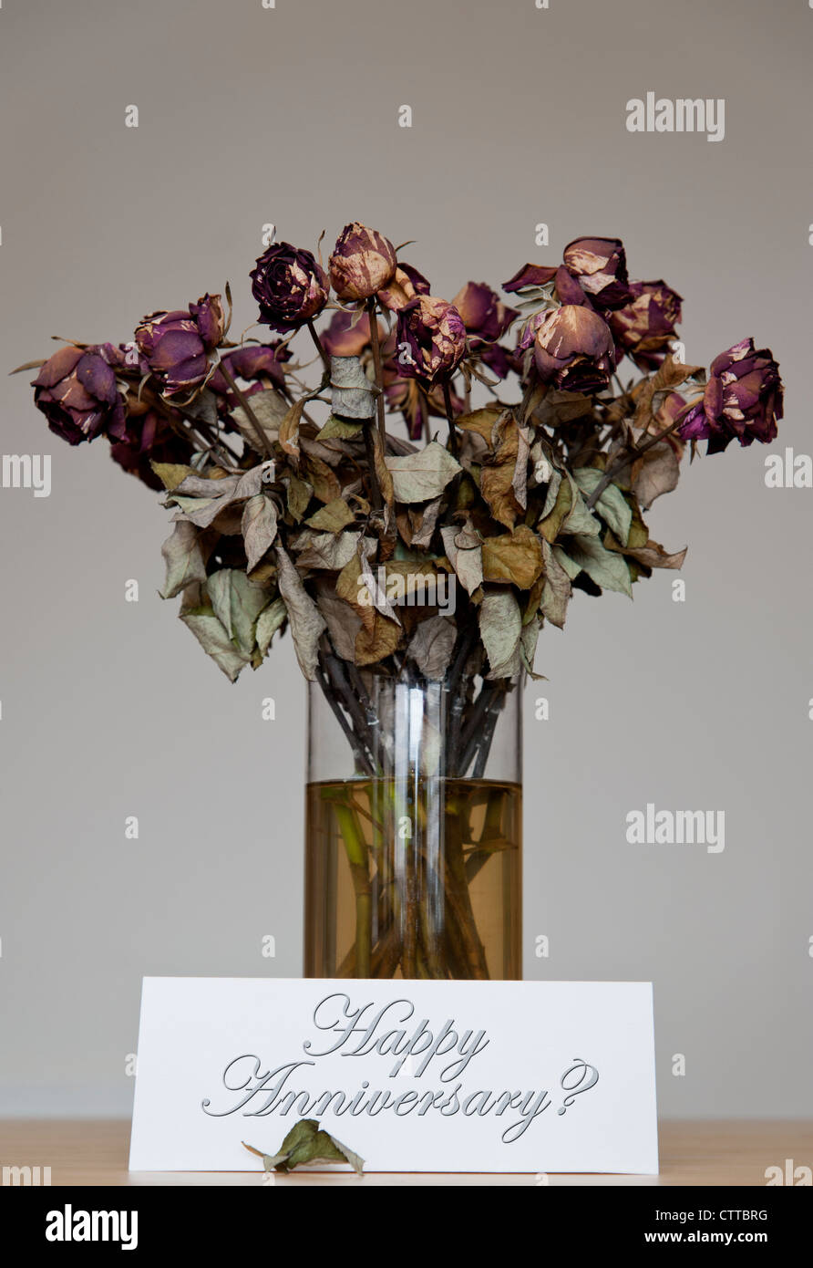 Vase de ROSES MORTES avec une carte de lecture "Happy Anneday?" devant elle. Concept De Fleurs Mortes, Image De La Vie Fixe Banque D'Images