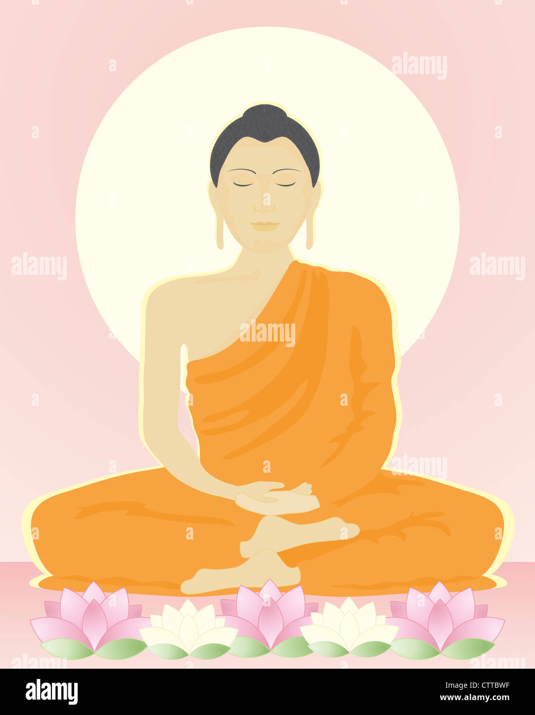 Une illustration d'une image du bouddha en méditation assise avec des fleurs de lotus sous un soleil jaune vif dans un format de carte de vœux Banque D'Images
