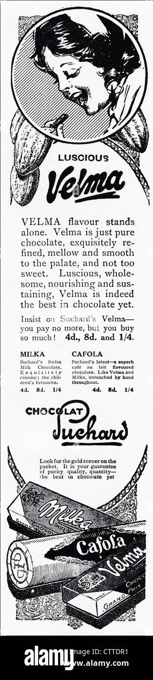 Vintage des années 1920 Publicité imprimée en anglais publicité des magazines de consommation de chocolat Suchard Banque D'Images