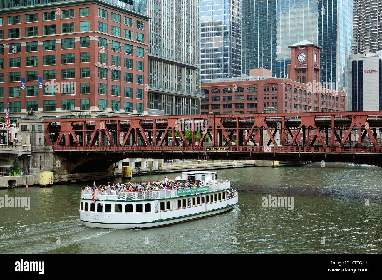 L'architecture de Chicago tour croisière en bateau la rivière Chicago. Banque D'Images