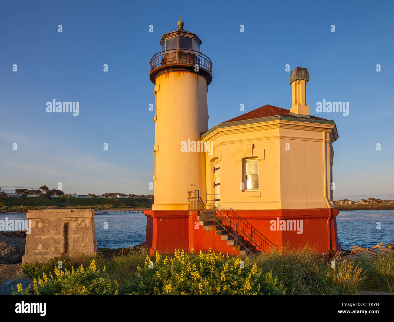 Bandon, Oregon : soleil du matin sur le phare de coquille River et la floraison lupin soufre Banque D'Images