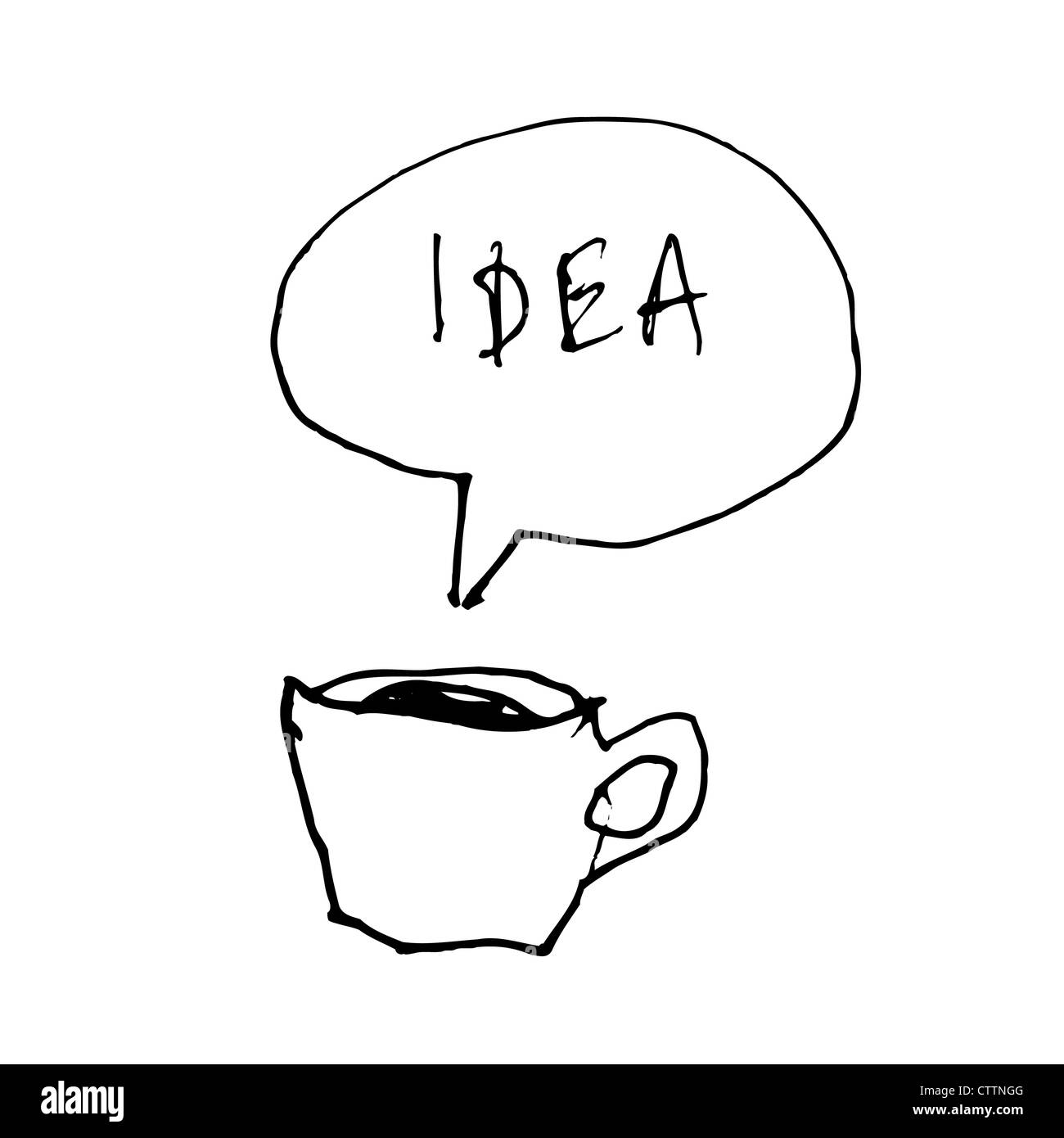 Tasse de café avec symbole idée mot en bulle. Illustration dessinée à la main Banque D'Images