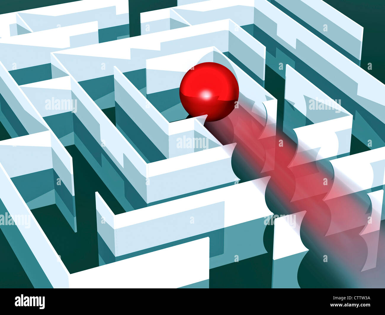 Labyrinth mit roter Kugel, die alle Wände zur Mitte hin durchbricht Banque D'Images