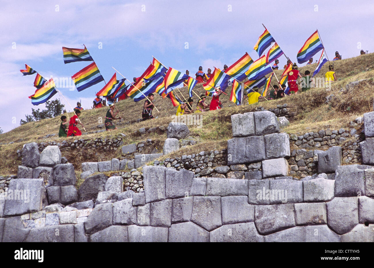 "Inti Raymi", une reconstitution de l'Inca festival solstice d'hiver. Sacsayhuaman, Cuzco, Pérou. Banque D'Images