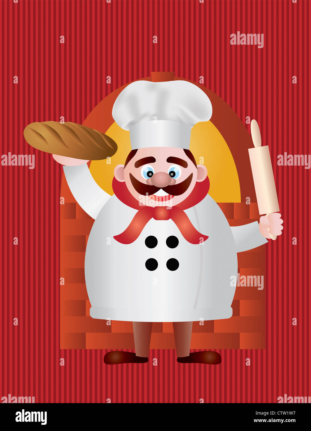 Chef boulanger avec du pain et de rouleau à pâtisserie en four en brique sur fond rouge Illustration Banque D'Images