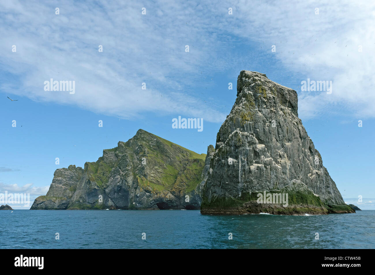 Stac Lee et l'île de Boreray dans l'archipel de Saint KIlda, avec colonie de fous de bassan (Morus bassanus). Banque D'Images