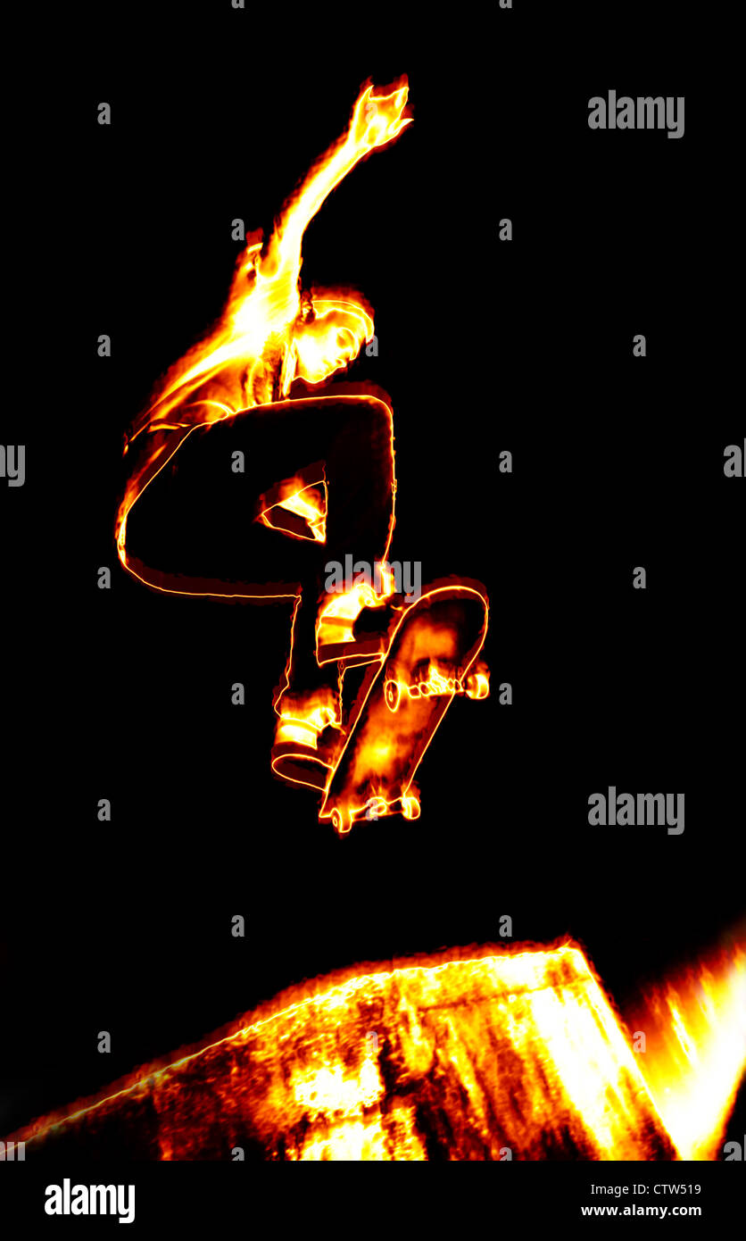 Illustration d'un skateur professionnel effectuant ses tours en flammes Fiery. Banque D'Images