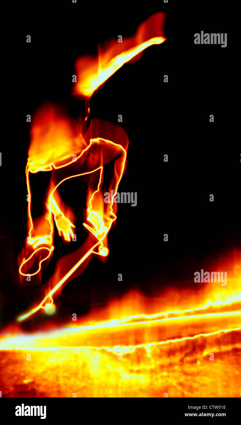 Illustration d'un skateur professionnel effectuant ses tours en flammes Fiery. Banque D'Images