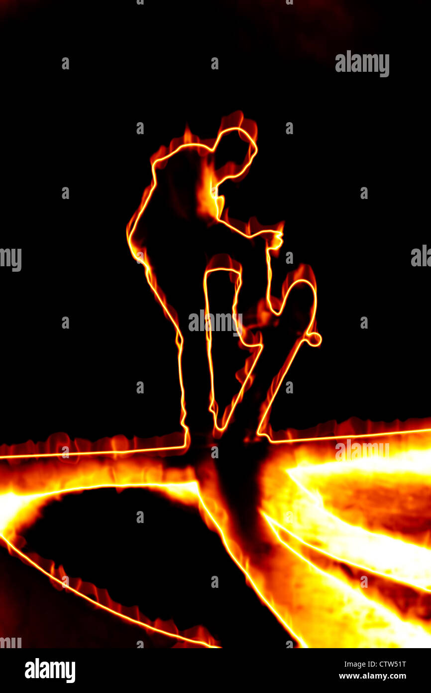 Illustration d'un skateur professionnel effectuant ses tours en flammes Fiery. Banque D'Images