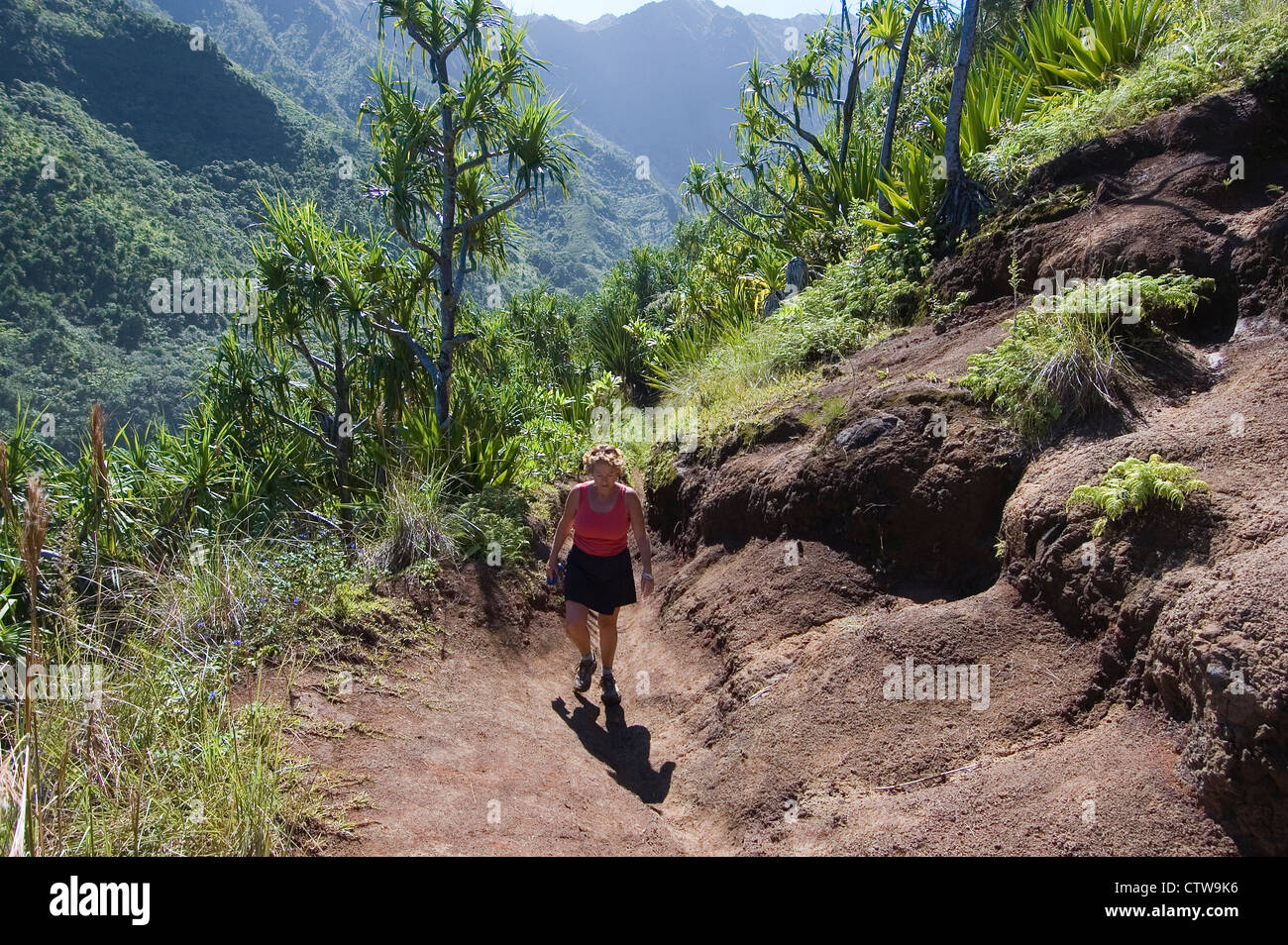 Elk284-8002 Hawaii, Kauai, Côte de Na Pali, randonneur sur Kalalau Trail Banque D'Images