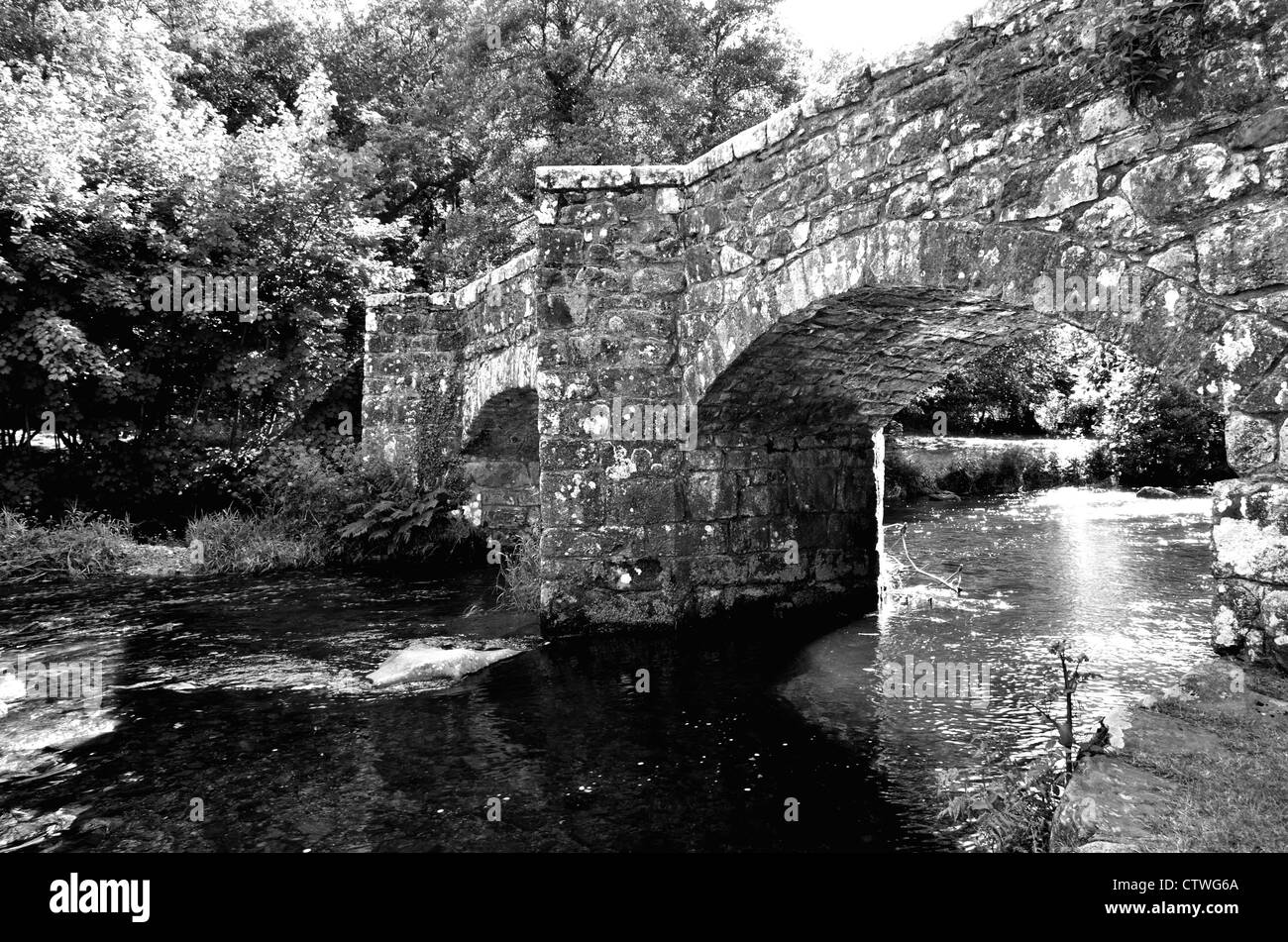 Photo noir et blanc de Fingle Bridge, un endroit près de beauté locaux, Devon Drewsteignton Banque D'Images