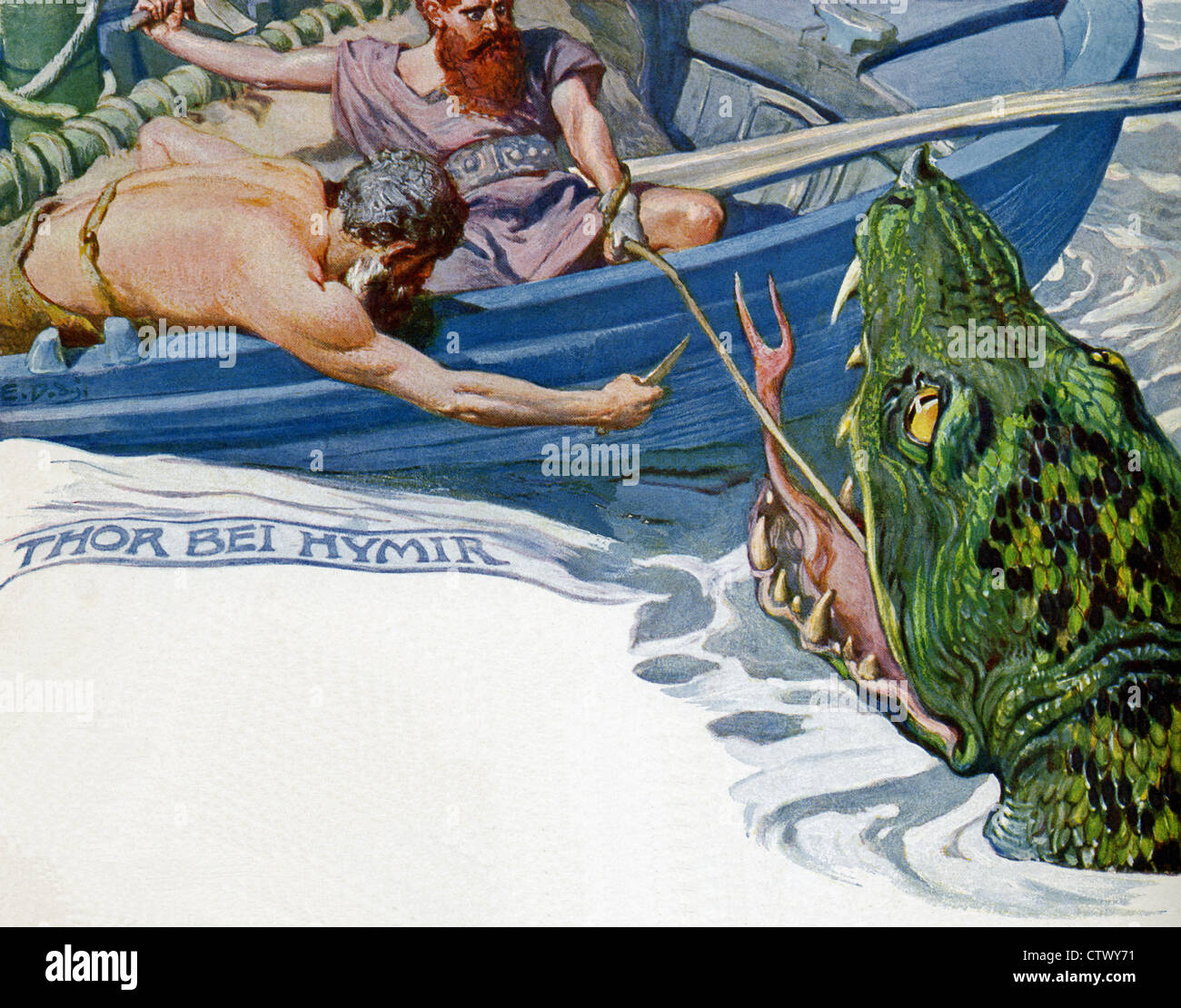 Le géant Hymir fishes avec Thor pour le serpent de Midgard Jormungandr en utilisant la tête de Hymir's best ox comme appât. Banque D'Images