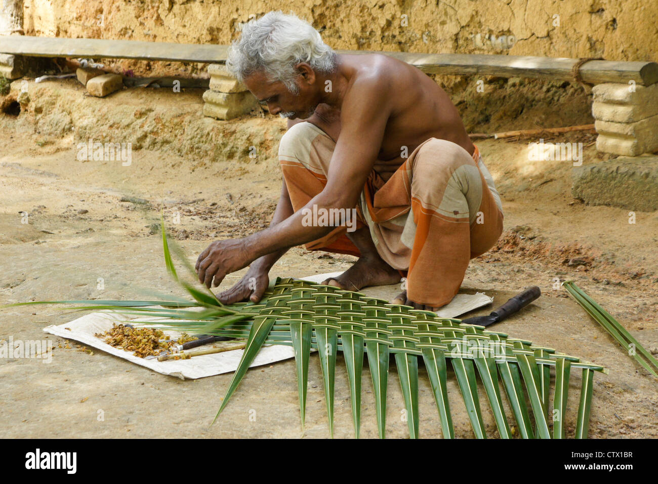 Le tissage de l'homme en feuille de palmier mat, Sri Lanka Banque D'Images