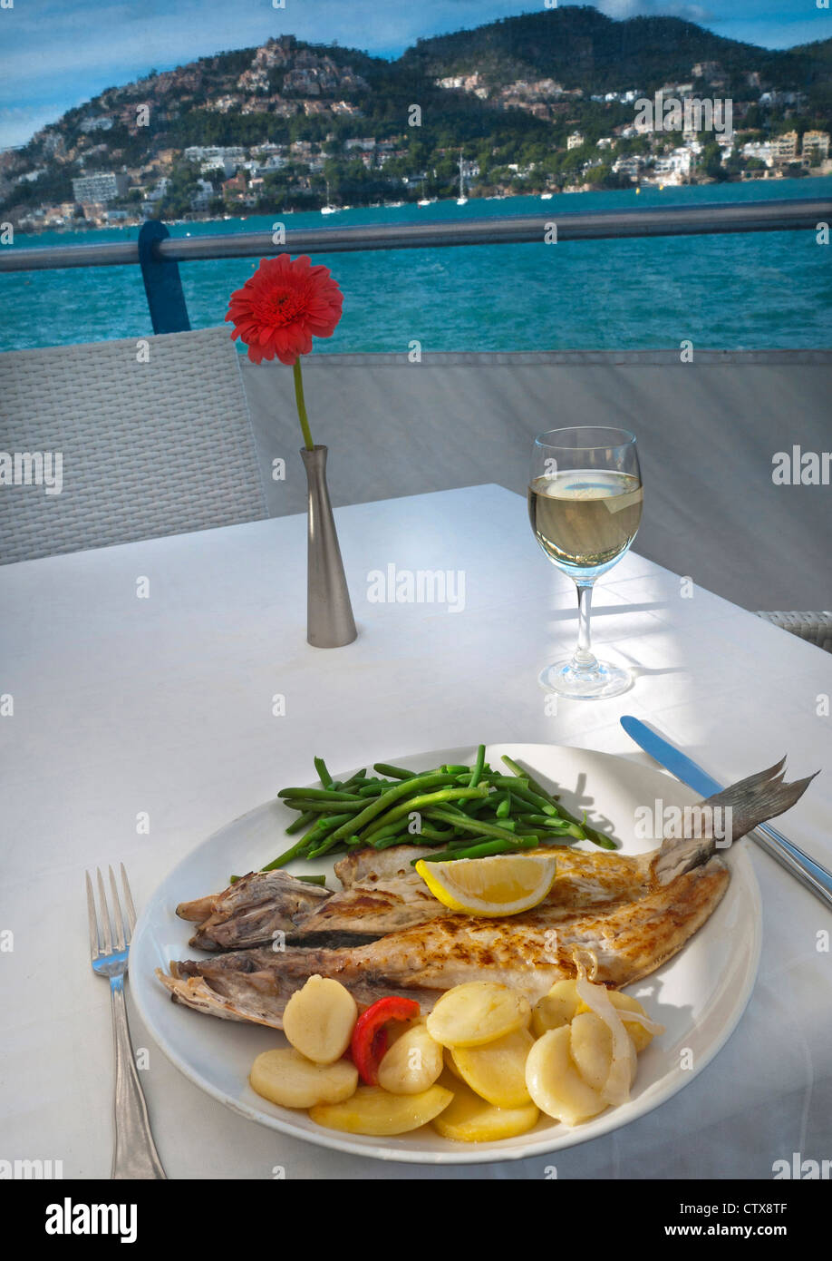 LE restaurant MALLORCA Alfresco avec vue sur la mer propose un déjeuner à base de poisson rustique simple et frais à Puerto Andratx, dans les îles Baléares de Majorque, en Espagne Banque D'Images