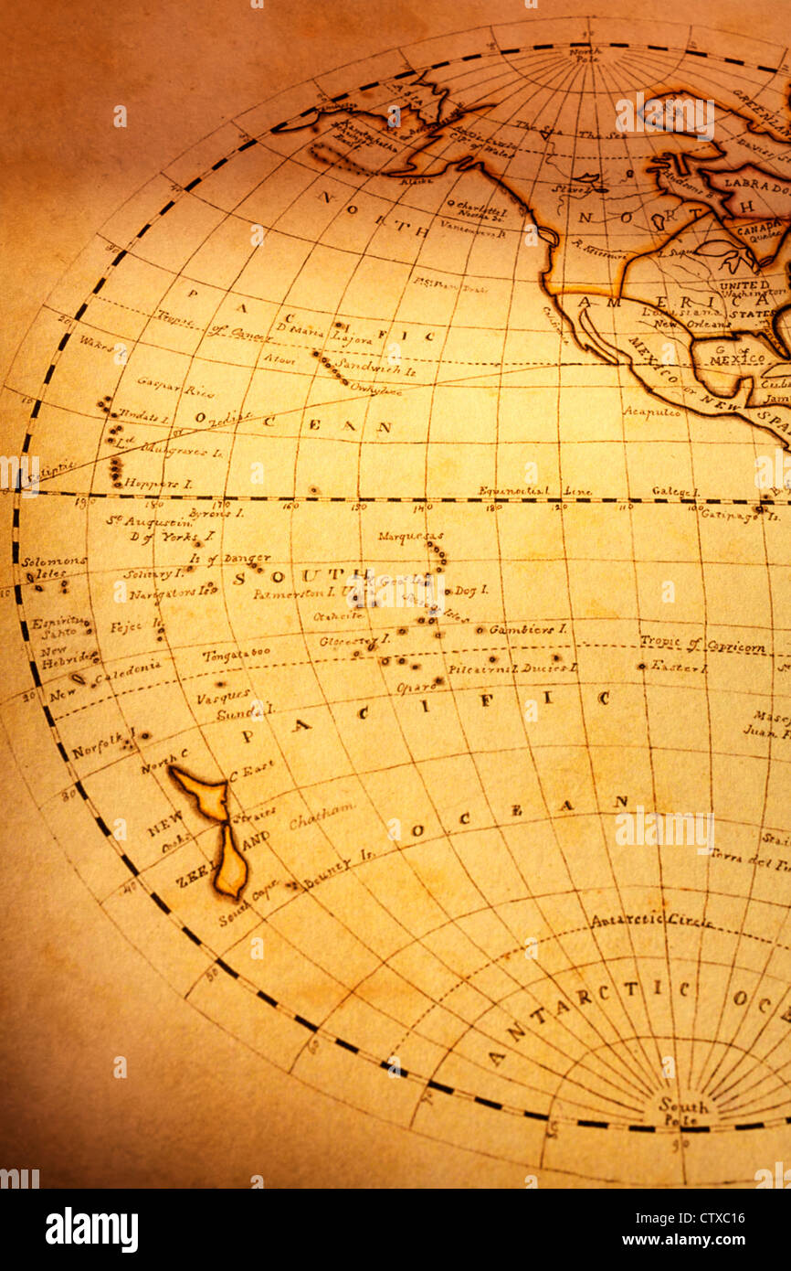 Partie de l'ancienne carte du monde, montrant l'océan Pacifique Sud et de Nouvelle-Zélande. L'accent est sur le Pacifique Banque D'Images