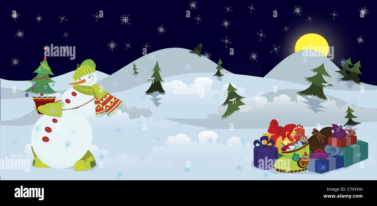 Bonhomme de neige avec l'arbre de Noël dans le pot banner Banque D'Images