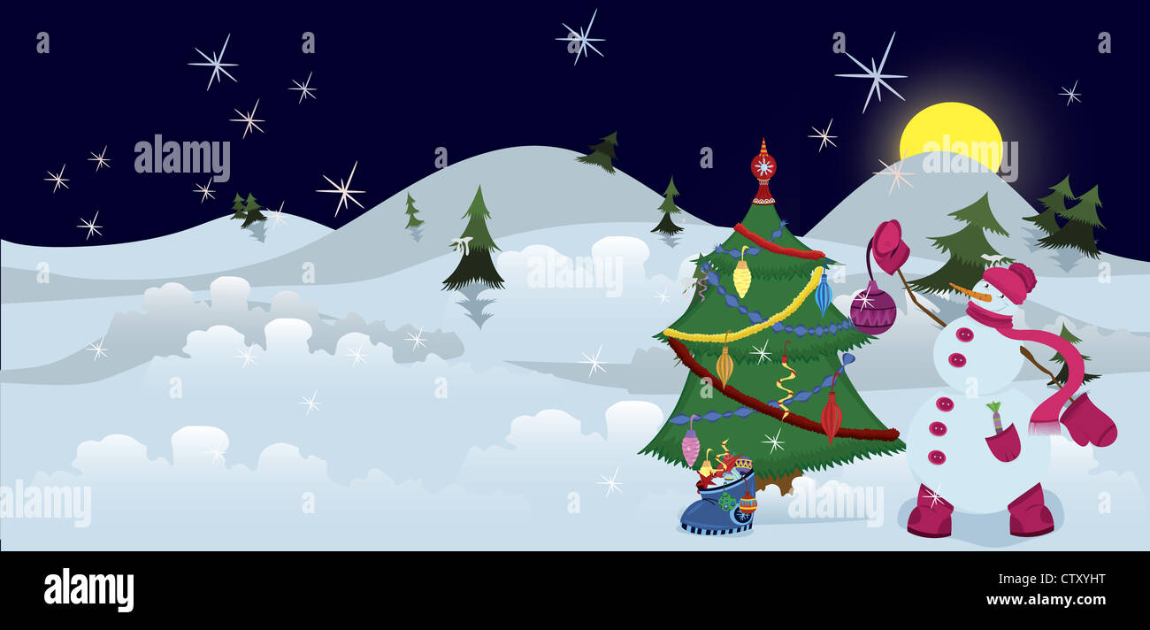 Snowman Christmas est la nuit Banque D'Images