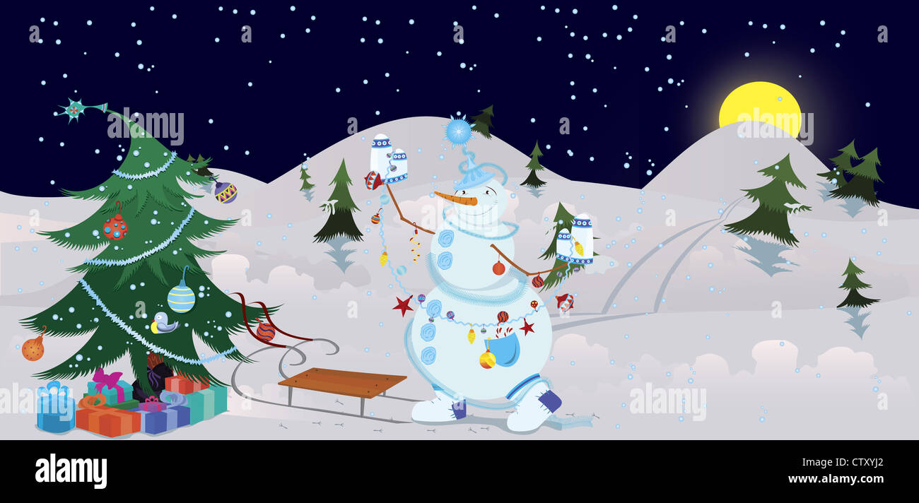 Snowman est la décoration de l'arbre de Noël dans la nuit banner Banque D'Images