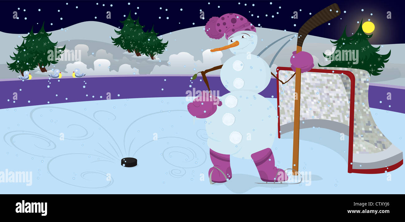 Le Snowman joue au hockey dans la bannière de nuit Banque D'Images