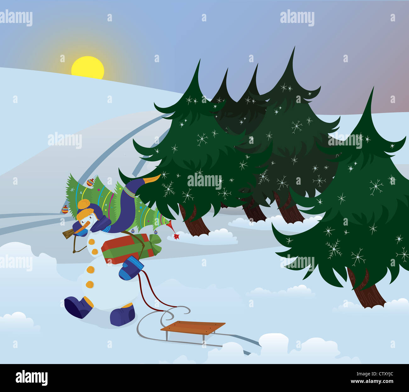 Snowman est de marcher à travers la forêt avec les charismes arbre sur son épaule Banque D'Images