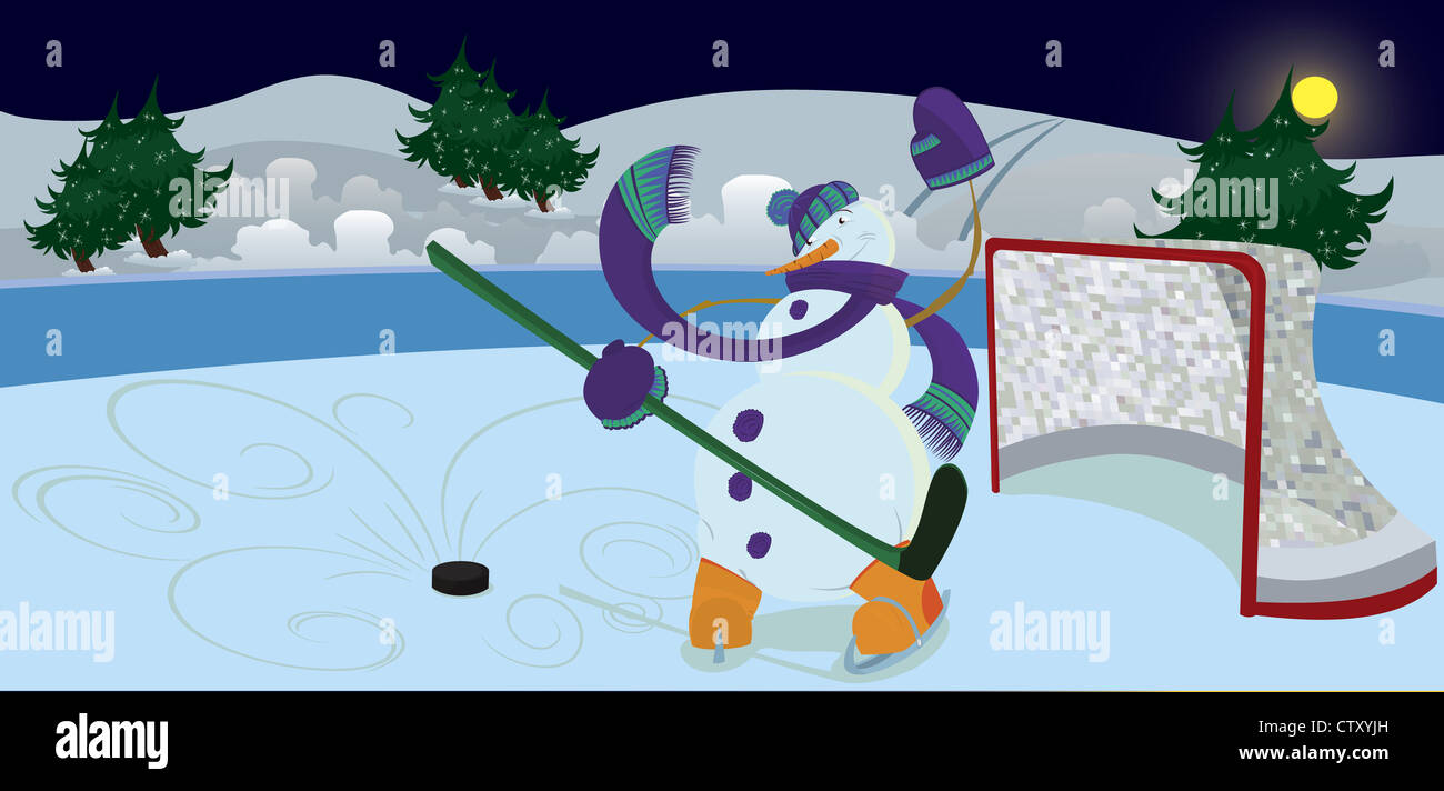 Snowman est forme bonjour sur le terrain de hockey sur glace banner Banque D'Images
