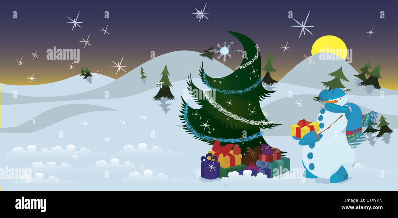 Le Snowman avec présente près de l'arbre de Noël la nuit Banque D'Images