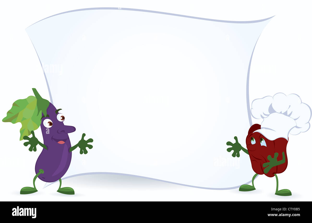 L'aubergine et le poivron en chef hat organisent des promotions vector illustration Banque D'Images