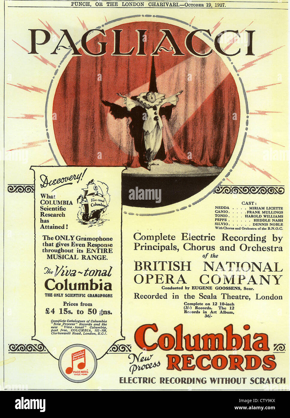 1927 Columbia Records annonce pour l'enregistrement de Pagliacci en utilisant leur processus de teintes Viva Banque D'Images
