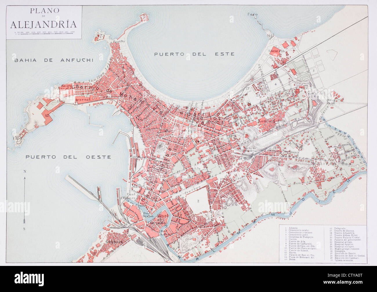 Plan d'Alexandrie, en Egypte au début du 20e siècle. Site est édité en langue espagnole. Banque D'Images