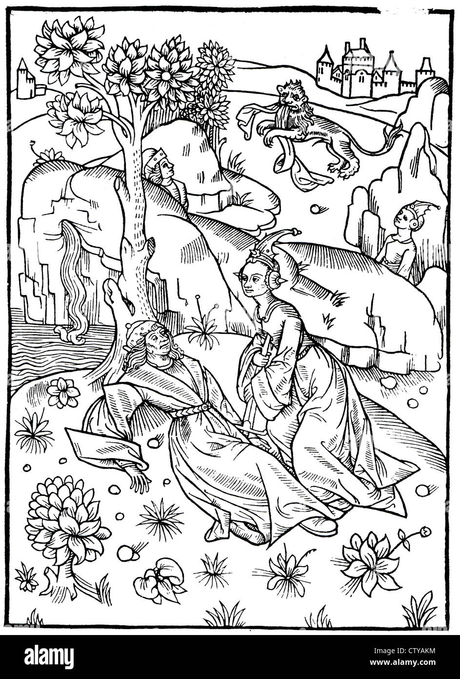 PYRAMUS ET THISBE Gravure de Giovanni Boccaccio 'Genealogia deorum gentilium de' d'abord publié en 1360 Banque D'Images
