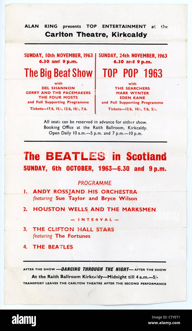 000746 - le concert des Beatles aux prospectus de l'hôtel Du Théâtre, Kirkcaldy le 6 octobre 1963 Banque D'Images