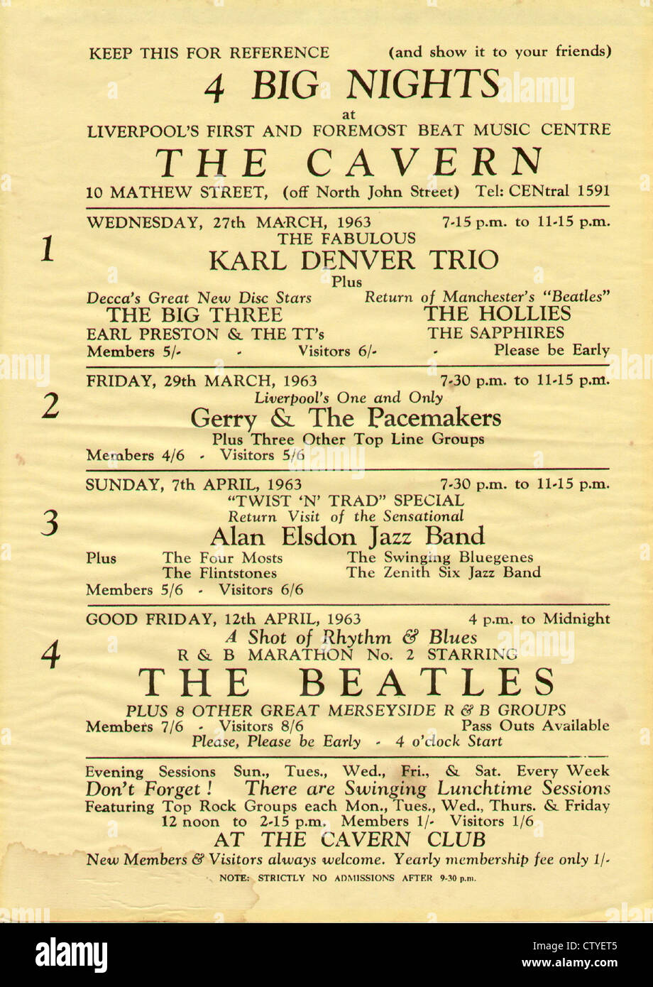 000753 - Les Beatles Cavern Club Poster à partir du 12 avril 1963 Banque D'Images