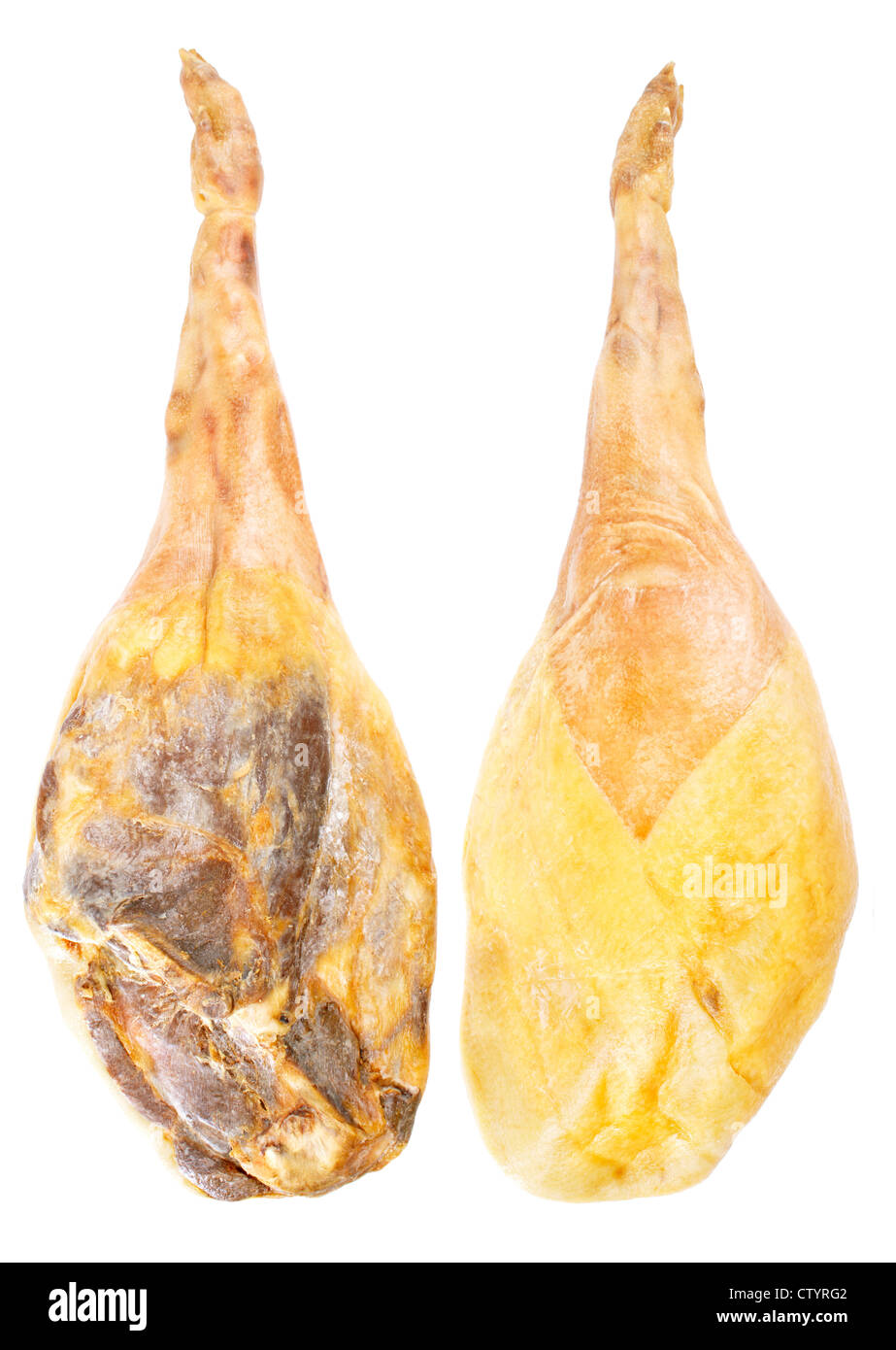 Jamon serrano, toute la jambe deux côtés, un jambon espagnol isolated over white Banque D'Images