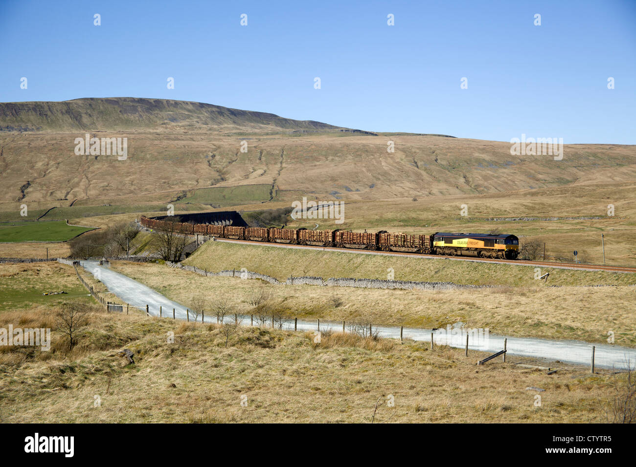 Colas rail freight 66850 12,44 Carlisle yd - Chirk chargé log train passe sur le viaduc de Ribblehead. Lundi 26 Mars 2012 Banque D'Images