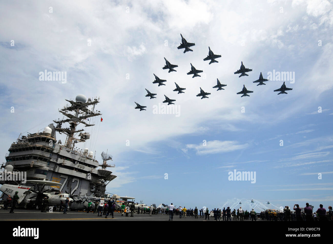 Des hélicoptères s'enflammer tandis que des jets survolent en formation le pont de vol du porte-avions de la classe Nimitz USS Abraham Lincoln (CVN 72) lors d'une démonstration de puissance aérienne. Lincoln est en route vers les États-Unis pour terminer un déploiement de huit mois de changement de homeport au cours duquel il a exploité dans les zones de responsabilité de la 5e, 6e et 7e flotte américaine. Banque D'Images