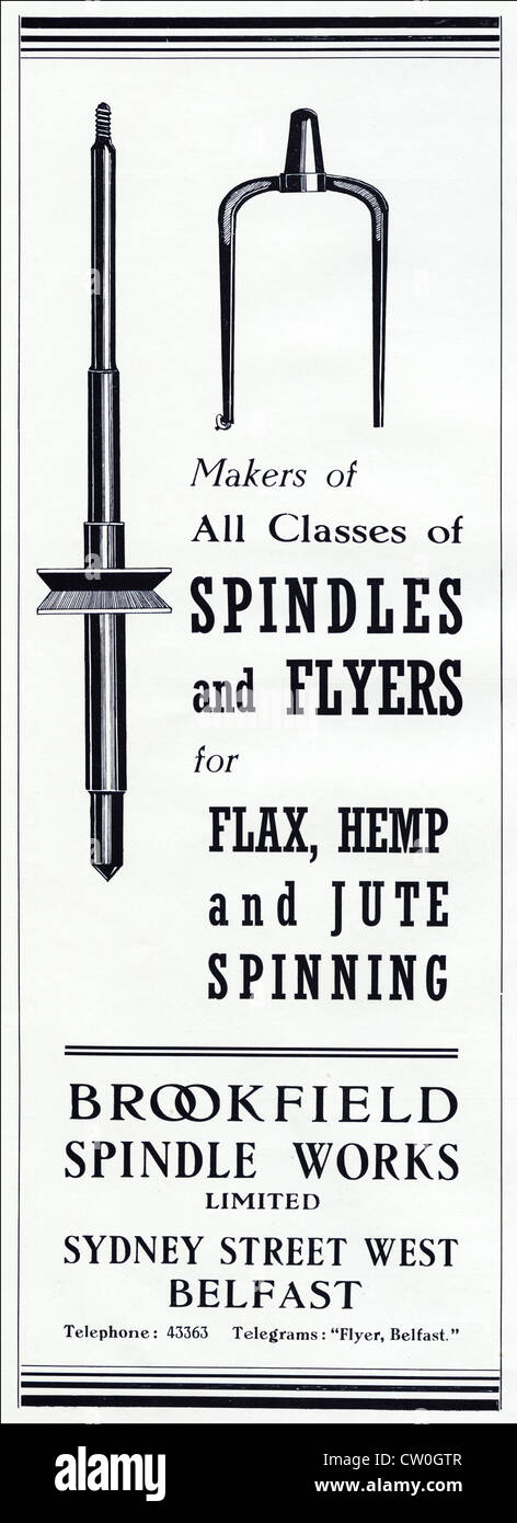 Vintage publicité imprimée auprès des fabricants de textiles vers l'annuaire 1948 de la publicité FONCTIONNE DE LA FUSÉE BROOKFIELD BELFAST décideurs de broches & flyers pour le lin, chanvre et jute spinning Banque D'Images