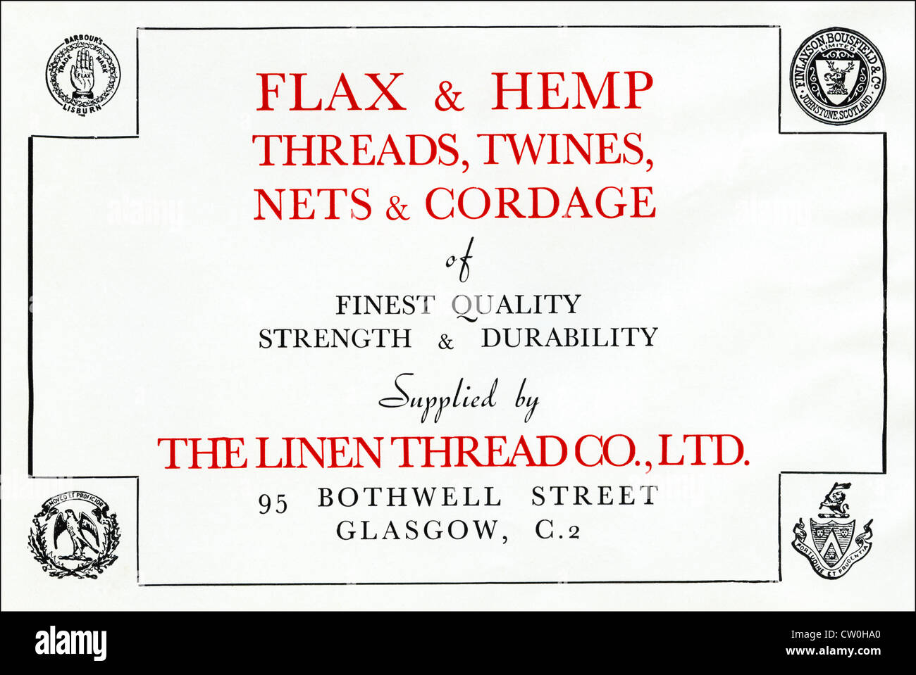 Vintage print publicité annuaire des fabricants de textiles vers 1948 publicité LE FIL DE LIN CO LTD de Glasgow fournisseurs si Lin et chanvre fils, ficelles, cordes et filets Banque D'Images