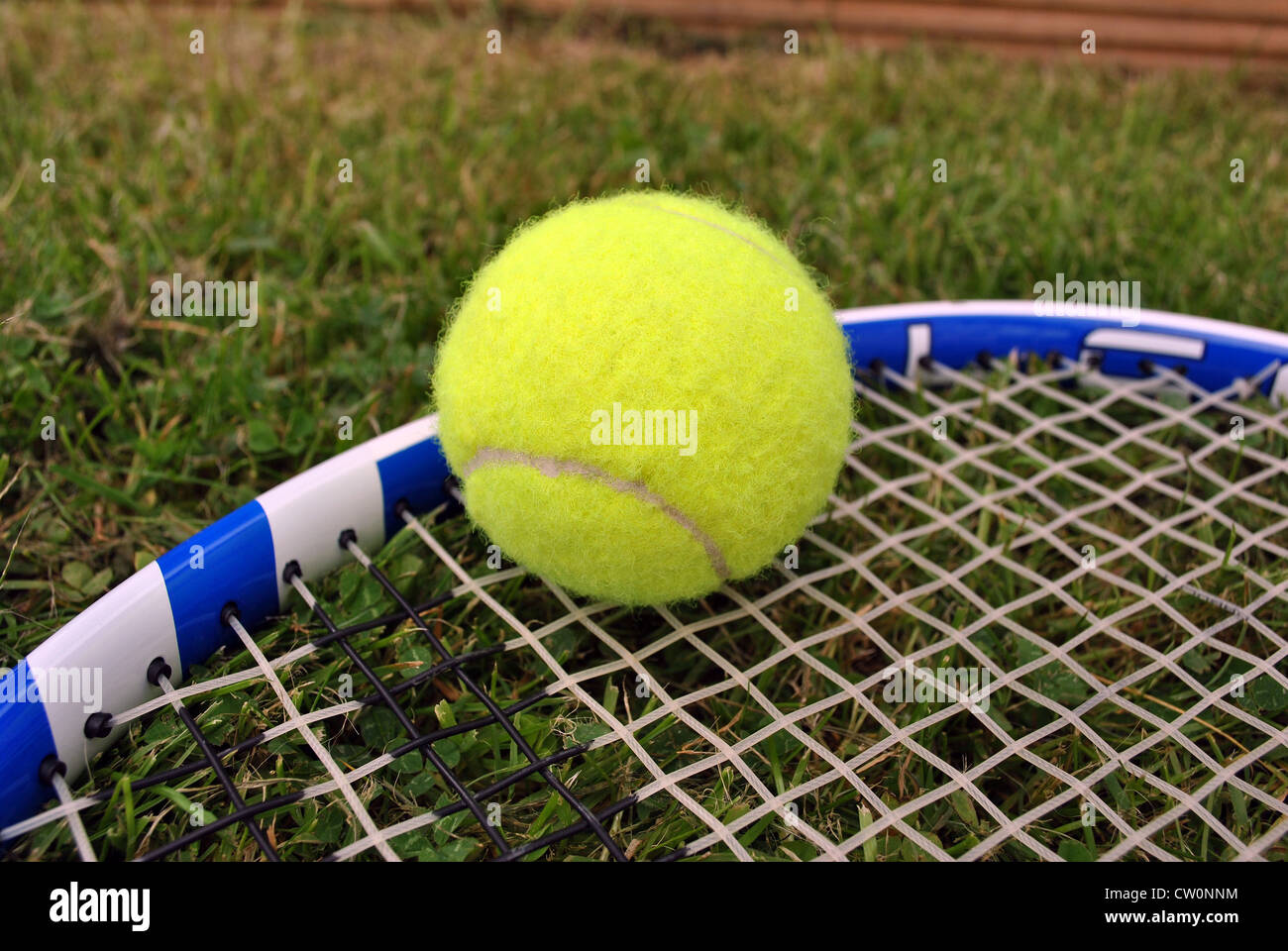 Balle de tennis et une raquette de tennis sur gazon Banque D'Images