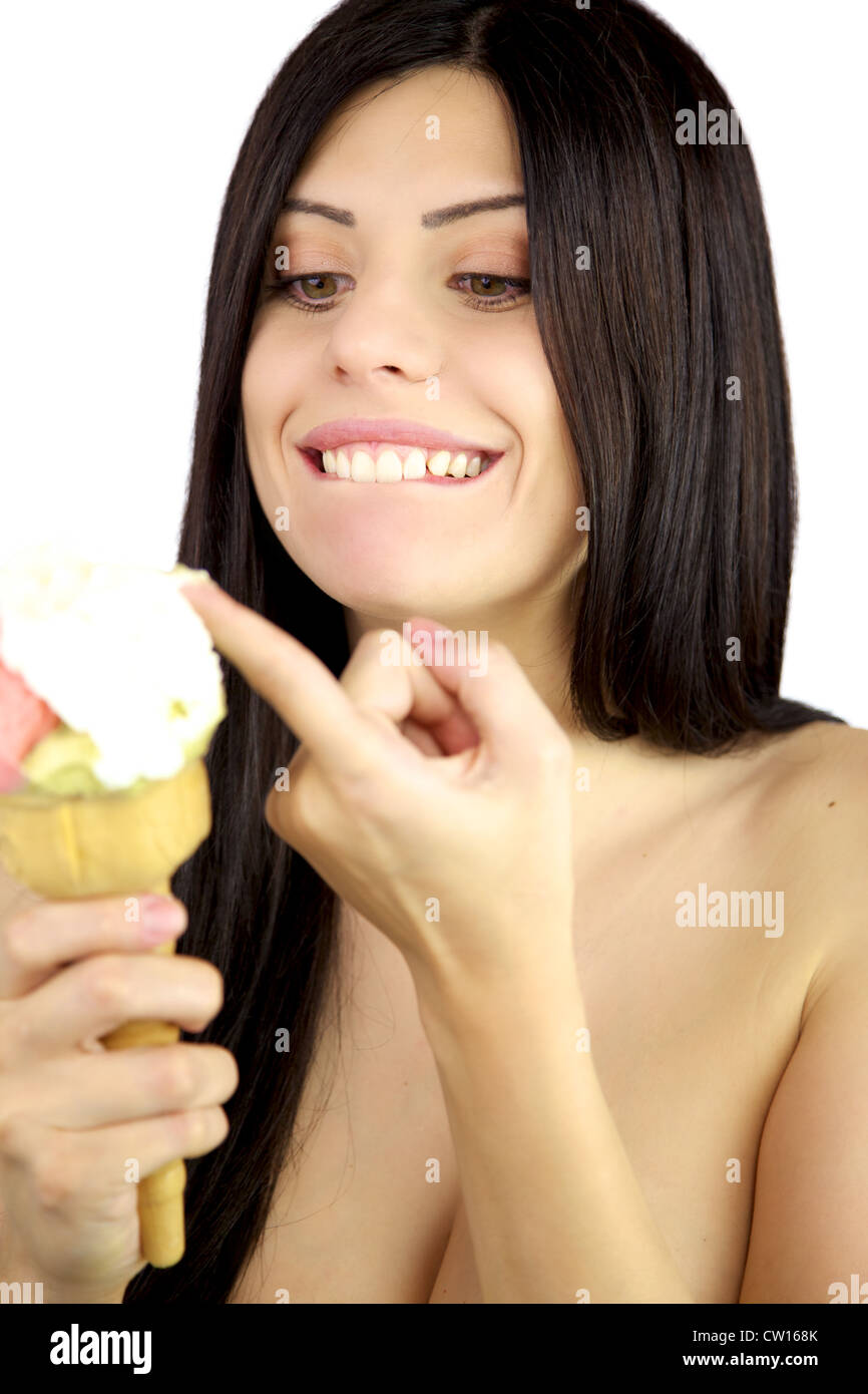 Belle jeune fille prêt à manger big ice cream Banque D'Images