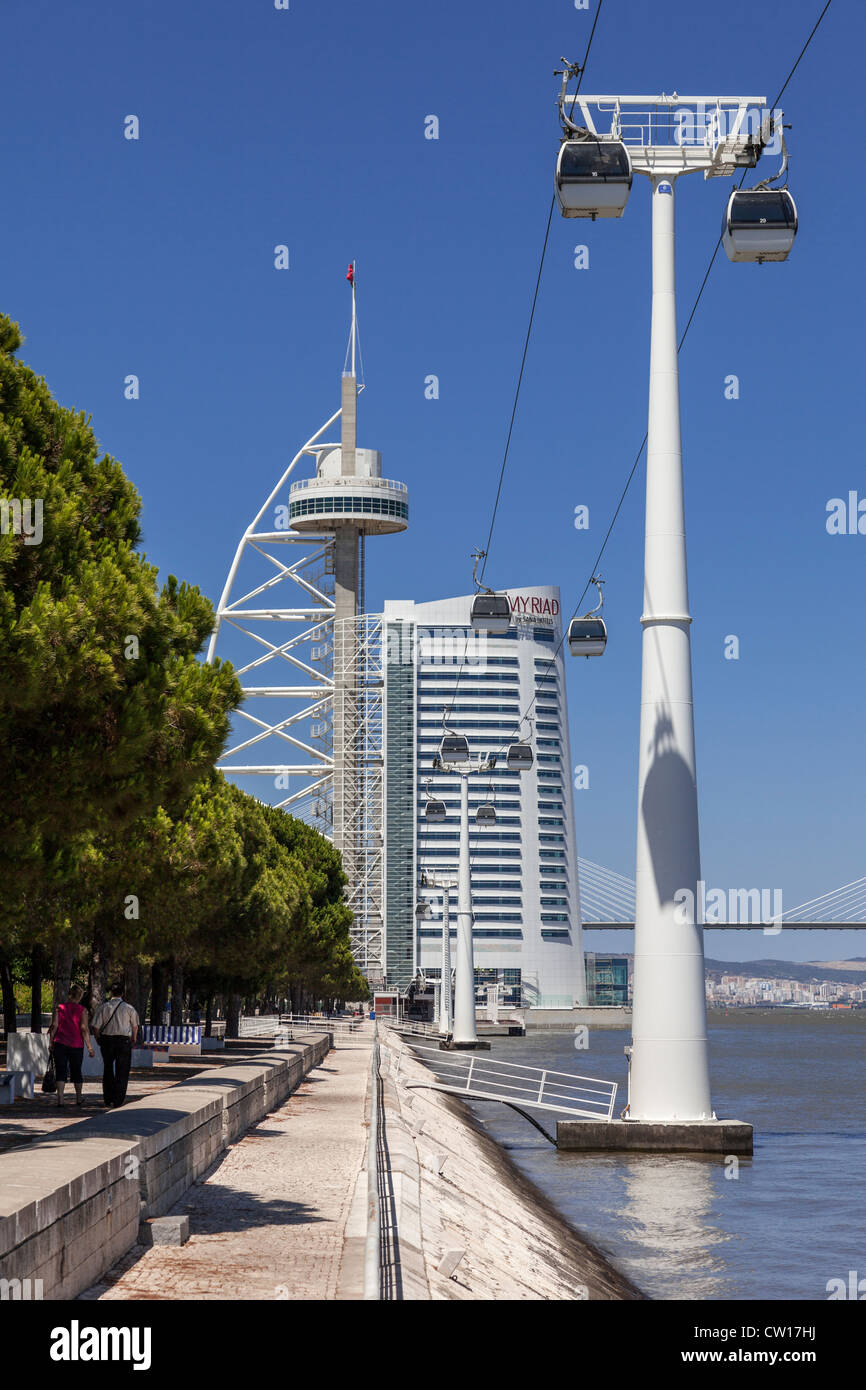 Tour Vasco da Gama, la myriade d'hôtel, le téléphérique et le Pont Vasco da Gama dans le parc des nations. Lisbonne, Portugal. Banque D'Images