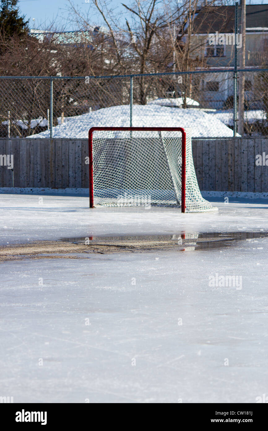 Patinoire de hockey sur glace Hockey sur net avec la fonte des glaces au printemps. Banque D'Images