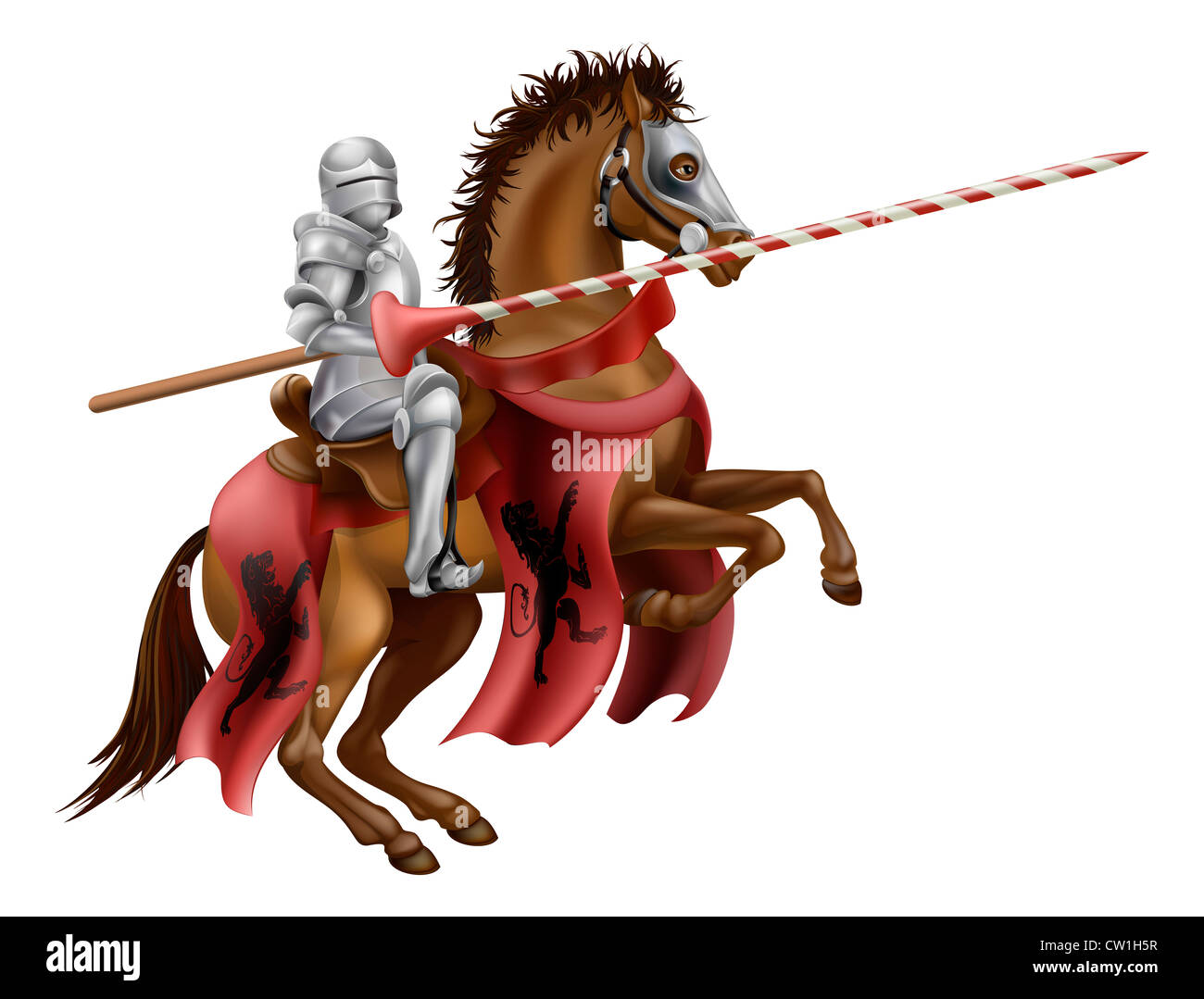 Illustration d'un chevalier monté sur un cheval tenant une lance prête à la joute Banque D'Images