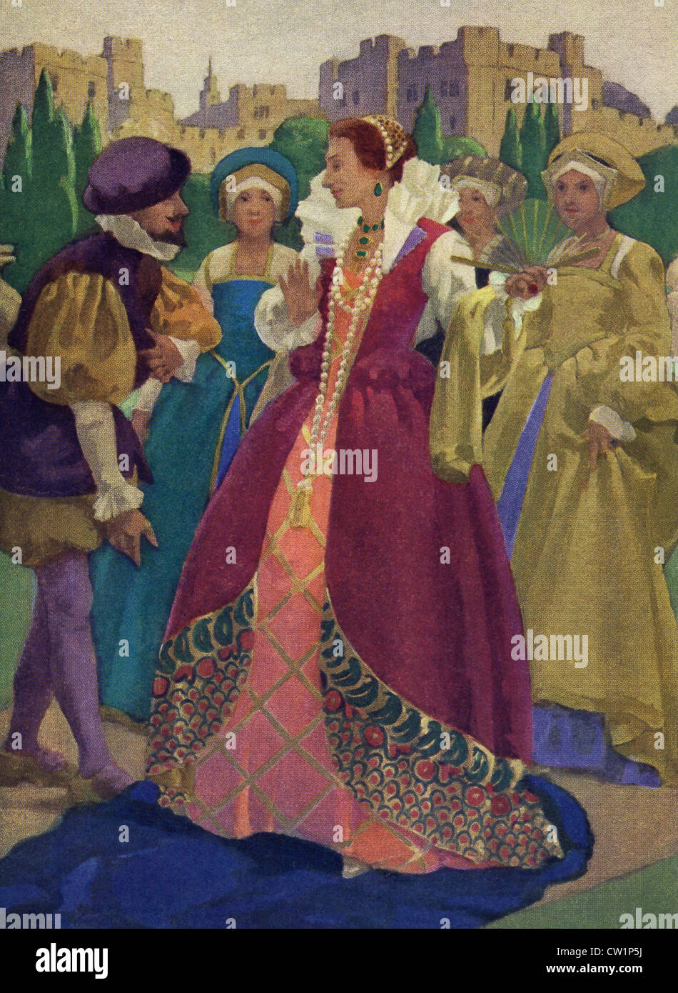 La tradition dit Sir Walter Raleigh mis son manteau au-dessus d'une flaque de boue pour prévenir Elizabeth I de brouiller ses chaussures. Banque D'Images