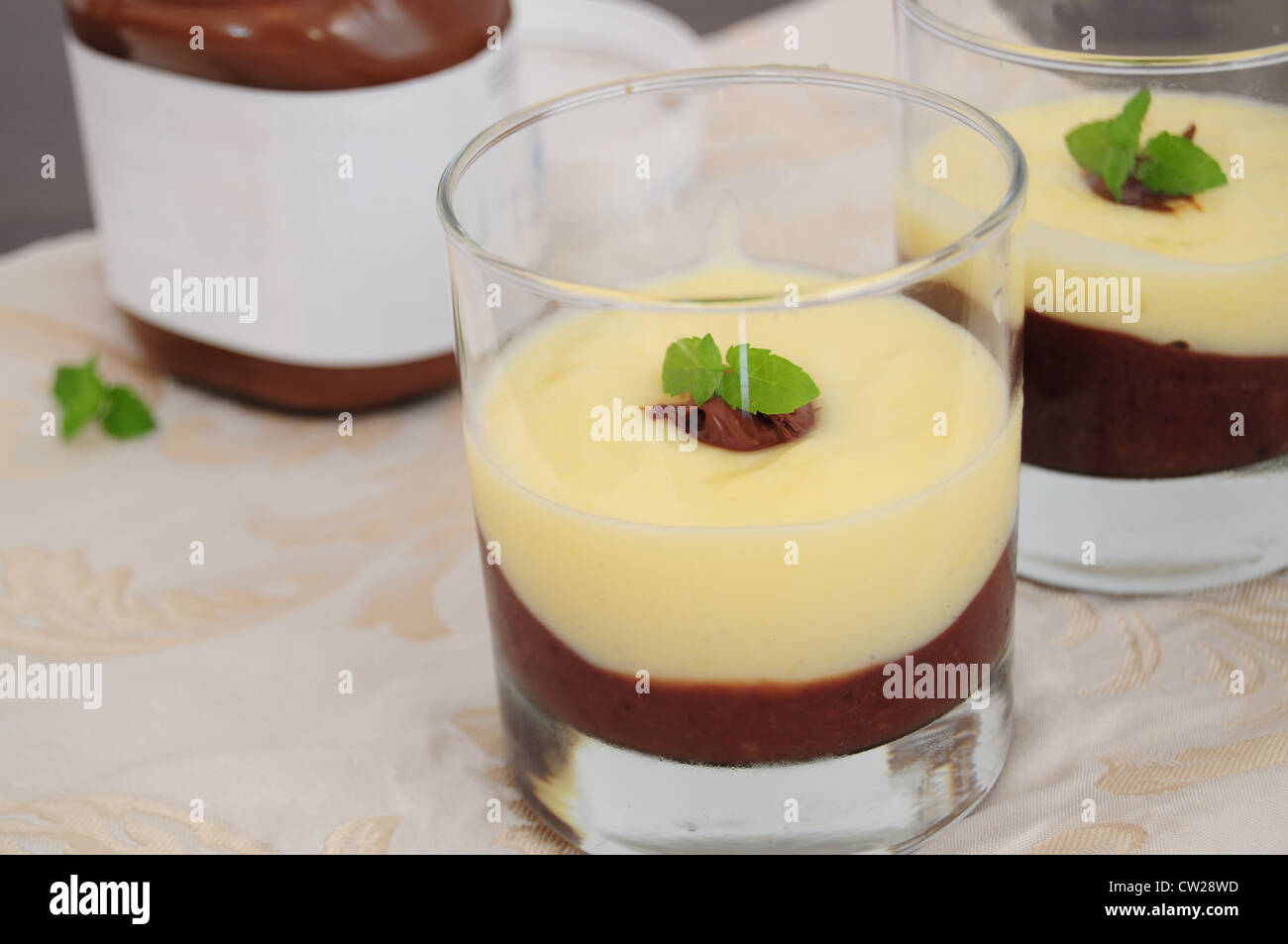 Chocolat et crème vanille, servi dans des verres, décorés de feuilles de menthe Banque D'Images