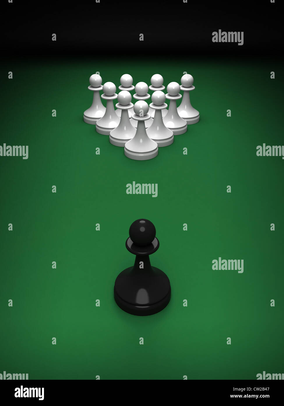 Concept abstrait d'échecs et la piscine. Un pion noir en face sur le vert blanc table de billard. Rendu 3d illustration. Banque D'Images